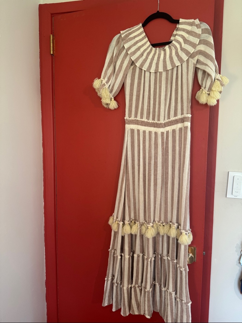 Misa Los Angeles Cream and Tan Striped Maxi Dress with Tassels